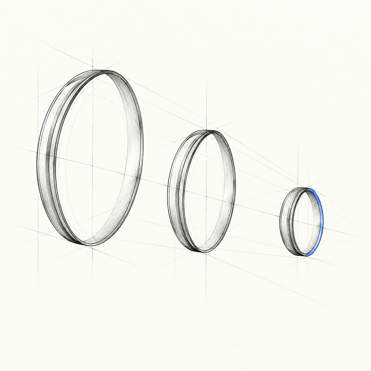 Three progressively smaller lenses focus a broad field into an atomic unit.