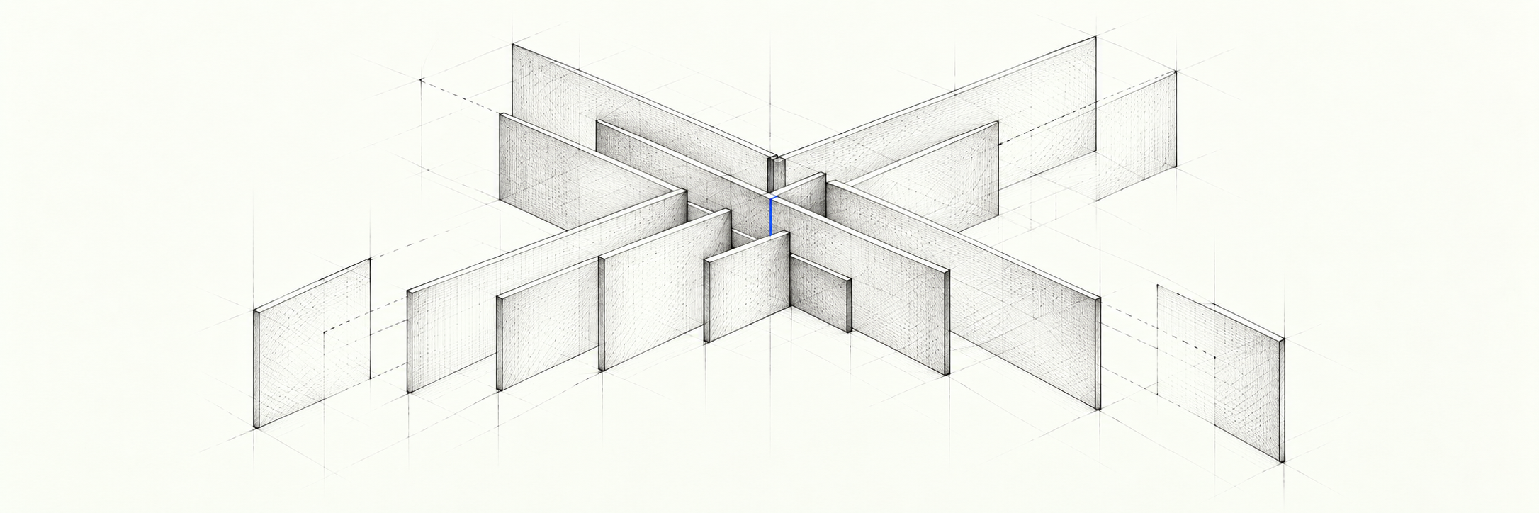 Two sets of layered pencil-drawn planes interlock into one structure, joined by a fine blue seam.